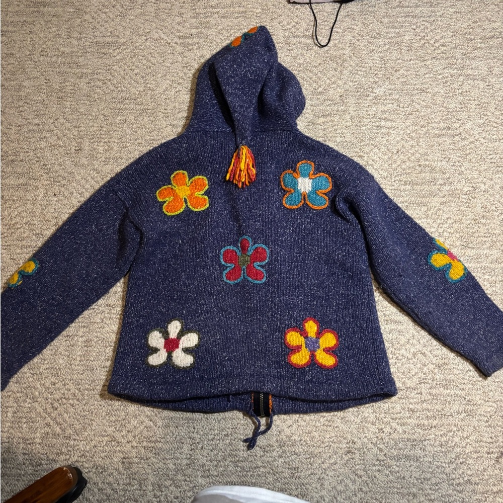 Floral Embroidered Blue Women's wool cardigan - Picture 11 of 16